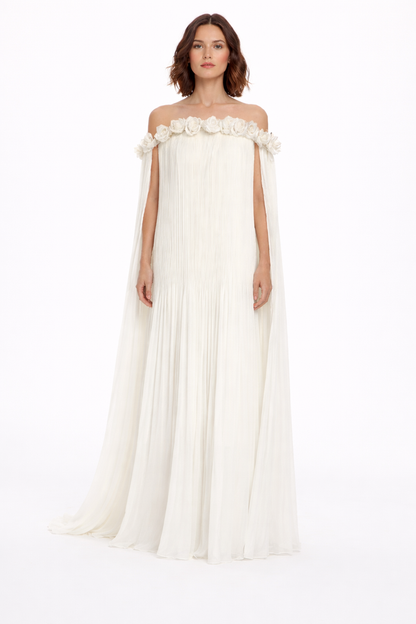 off-shoulder pleated cape gown with 3D rose neckline – ROSARIA