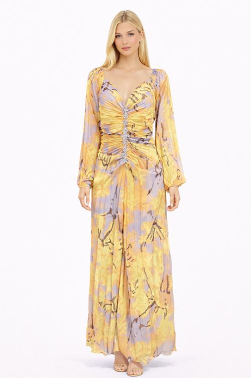 off-shoulder pleated chiffon gown with jeweled waist detail – AURELIA