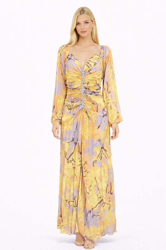 off-shoulder pleated chiffon gown with jeweled waist detail – AURELIA