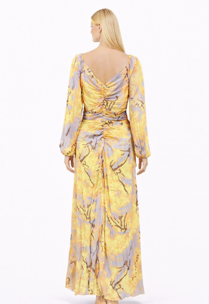 off-shoulder pleated chiffon gown with jeweled waist detail – AURELIA