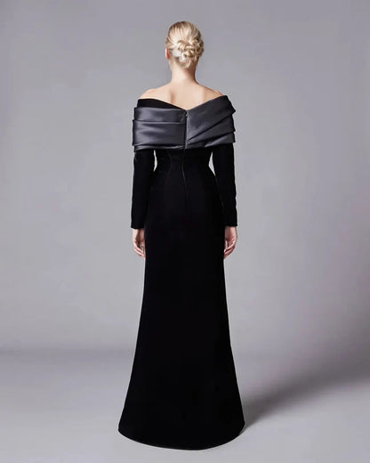 Off-shoulder velvet gown with satin drape – RobiL-1