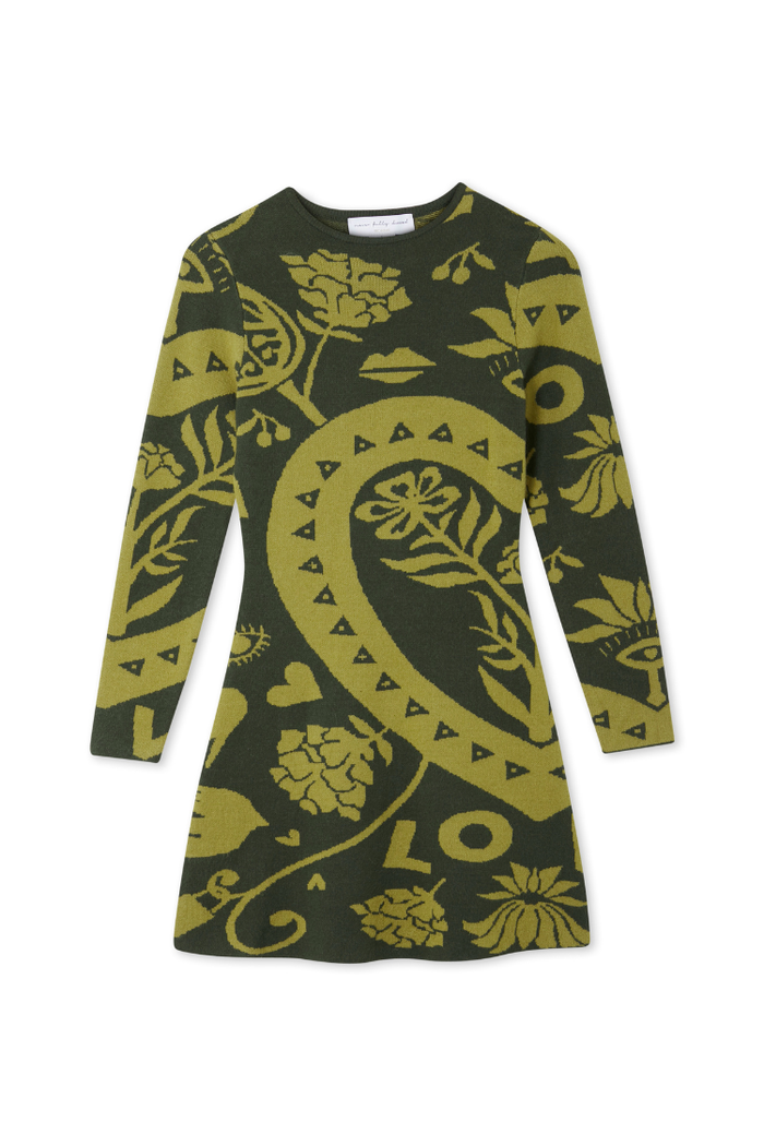 Olive Amara Knit Mini Dress in khaki and lime featuring iconic hand, flower and eye motifs.