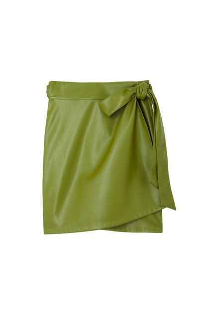 Olive Green Vegan Leather Mini Jaspre Skirt with a wrap tie fastening and multi-wear design.