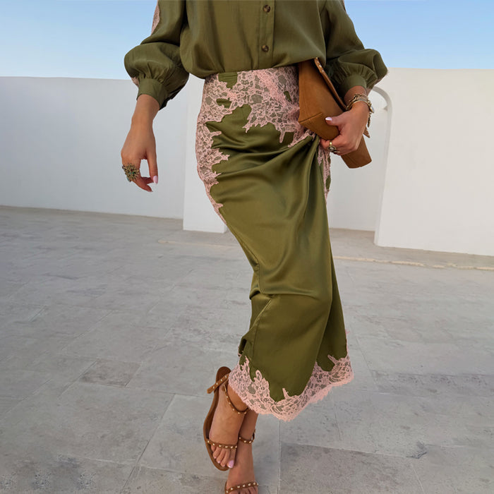 Olive and pink Lily Skirt in satin with delicate lace trim, creating a chic silhouette for feel good dressing.