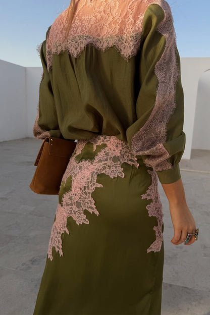 Olive & Pink Lily Skirt in olive satin with pink lace detailing, paired with the matching top for a co-ord look.