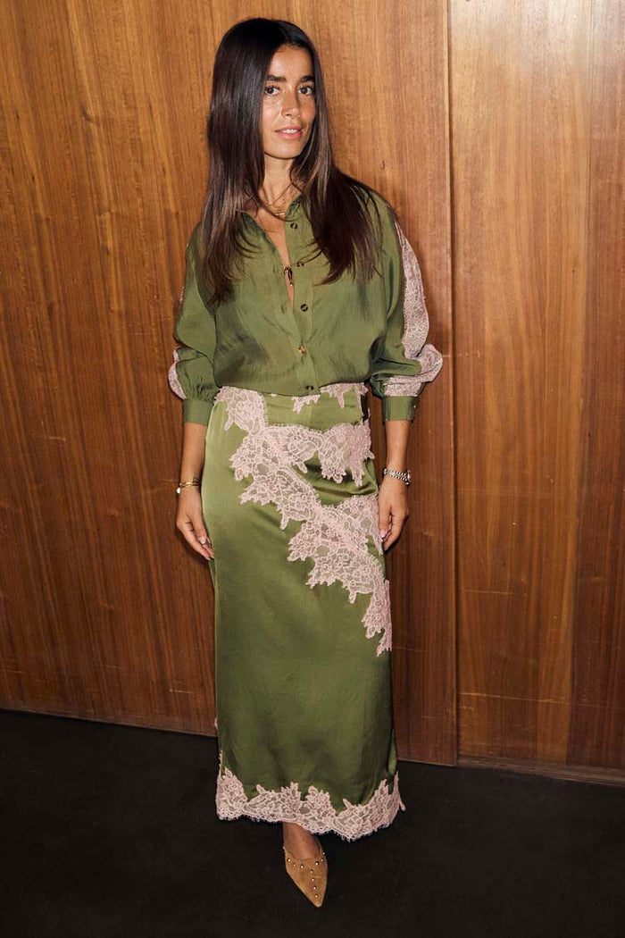 Olive & Pink Lily Skirt in olive green satin with pink lace trim, styled as a co-ord set.