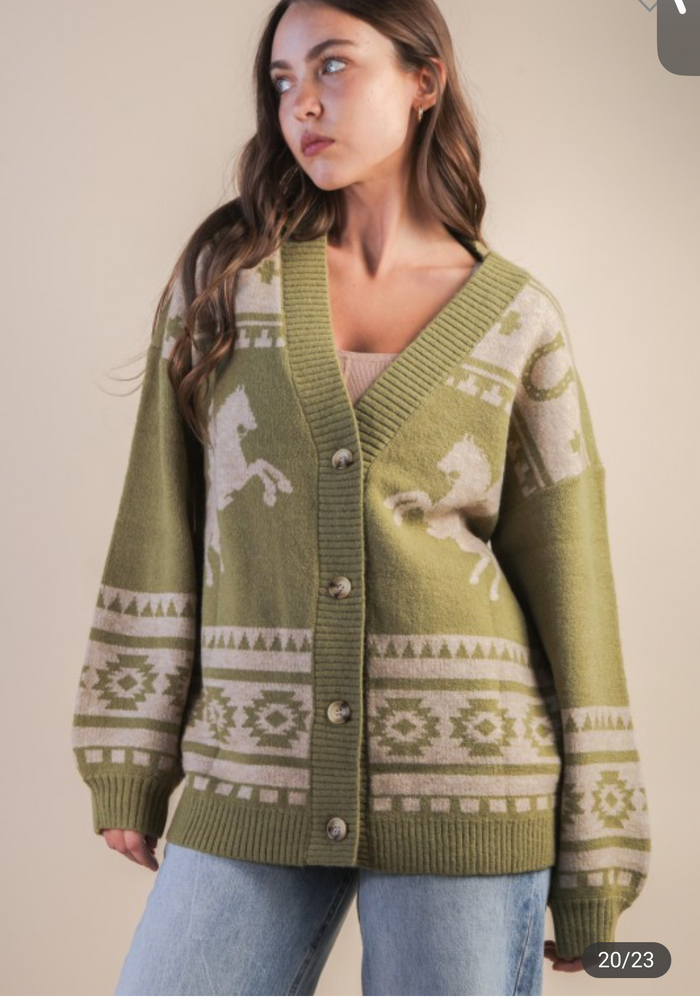 Olive western horse cardigan