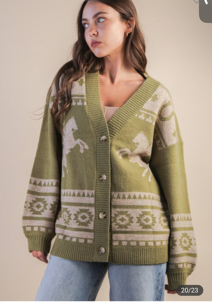 Olive western horse cardigan