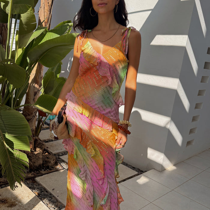 Ombre Jacquard Faro Dress in multi-coloured tones with tiered ruffles and silver textured embellishments.