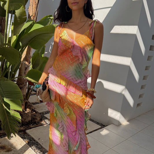 Ombre Jacquard Faro Dress in multi-coloured tones with tiered ruffles and silver textured embellishments.