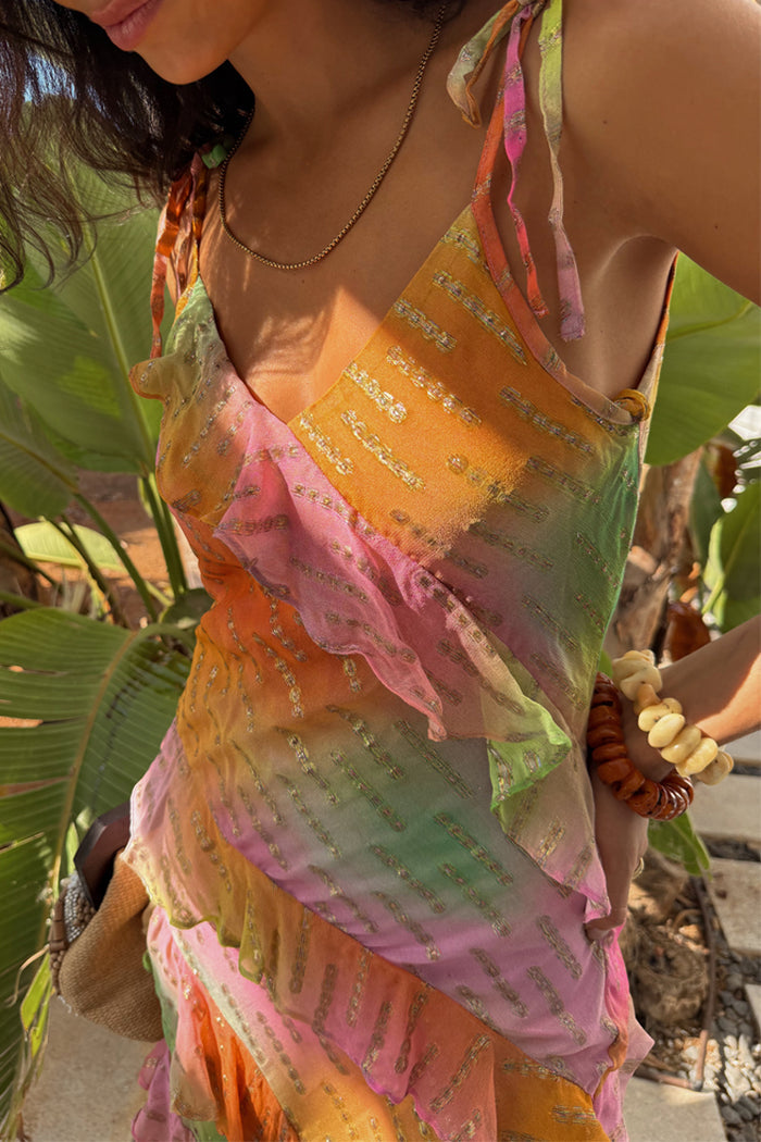 Multi-wear Ombre Jacquard Faro Dress in multi-coloured tones with silver metallic accents and ruffles.