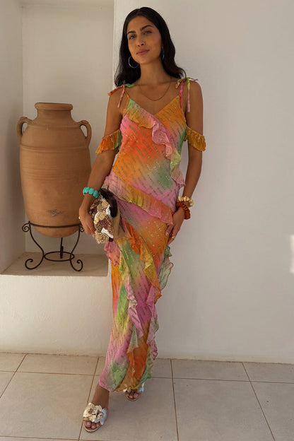 Multi-coloured Ombre Jacquard Faro Dress featuring tiered ruffles and silver textured detailing.