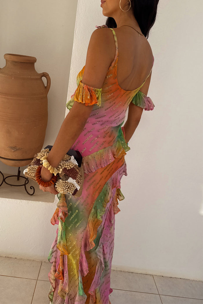 Ombre Jacquard Faro Dress with tiered ruffles, metallic weave and off-shoulder sleeves in pink and green.