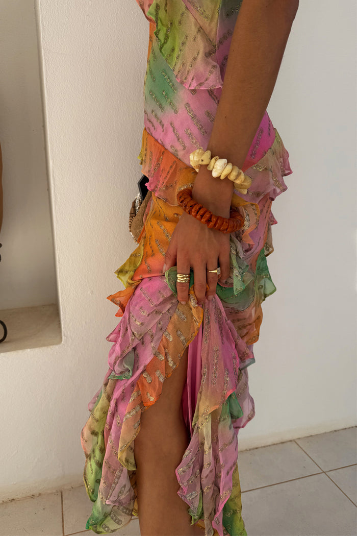 Ombre Jacquard Faro Dress featuring multi-coloured tiered ruffles and textured silver metallic detailing.