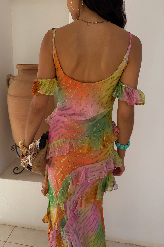 Multi-coloured Ombre Jacquard Faro Dress featuring tiered ruffles, silver metallic yarn and multi-wear sleeves.
