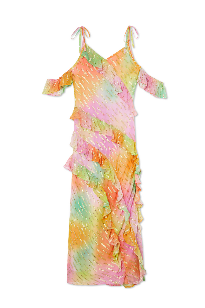 Multi-coloured Ombre Jacquard Faro Dress with tiered ruffles, metallic embellishments and adjustable tie shoulder straps.