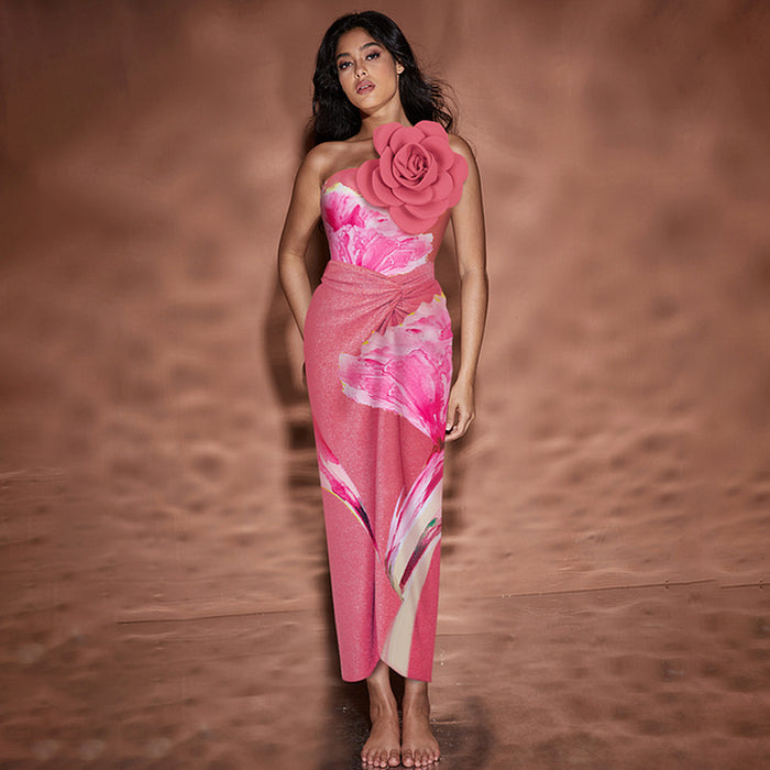 one-shoulder 3D flower swimsuit with ruched wrap skirt set – FARHA