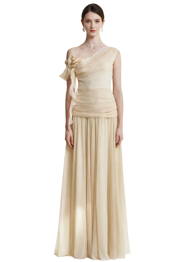 one-shoulder chiffon maxi dress with floral shoulder detail – WHISPER