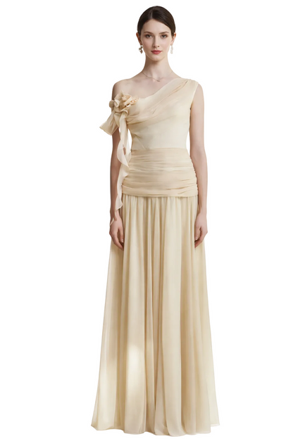 one-shoulder chiffon maxi dress with floral shoulder detail – WHISPER