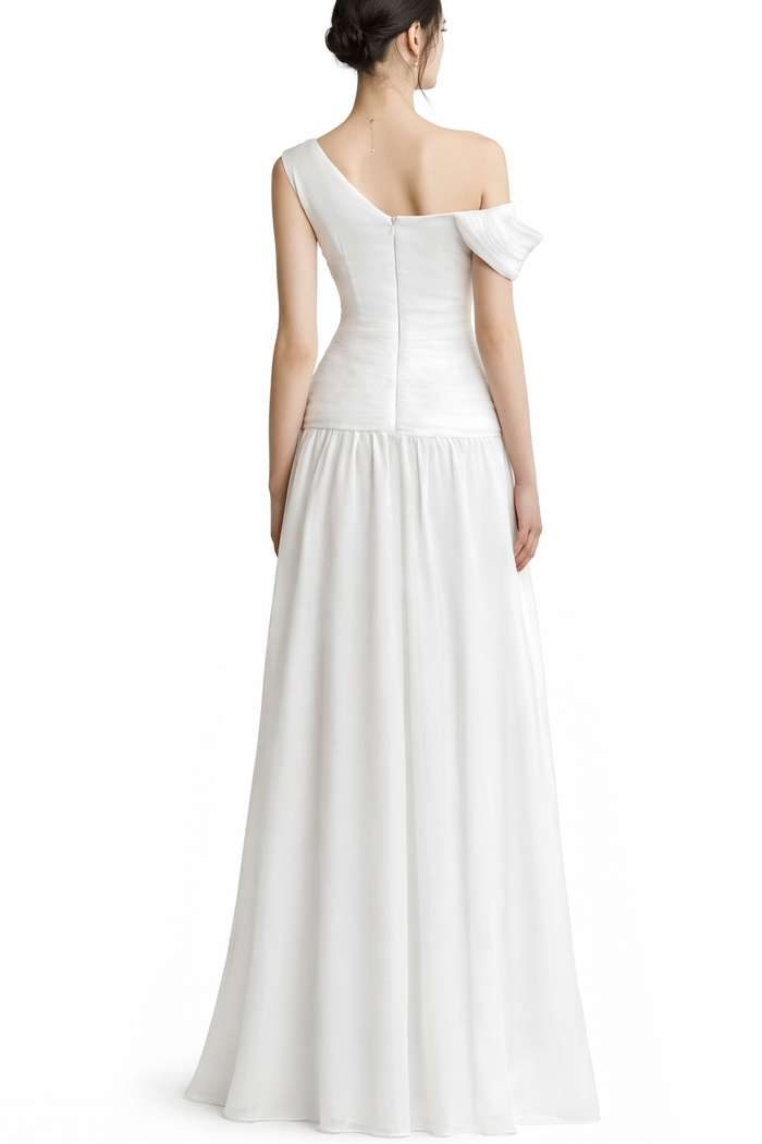 one-shoulder chiffon maxi dress with floral shoulder detail – WHISPER