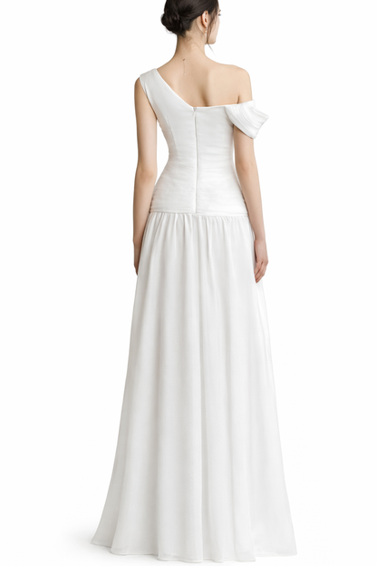 one-shoulder chiffon maxi dress with floral shoulder detail – WHISPER