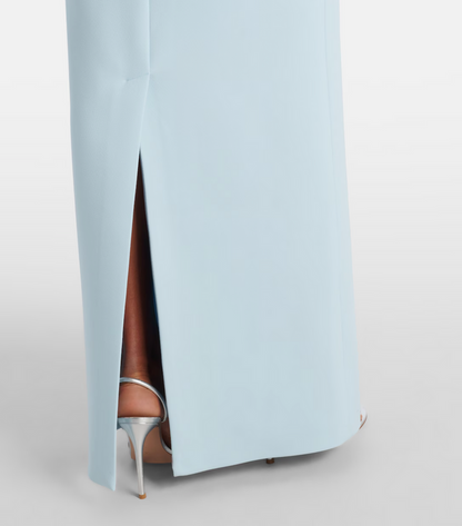 one-shoulder column gown with crystal floral accent – BAKRY