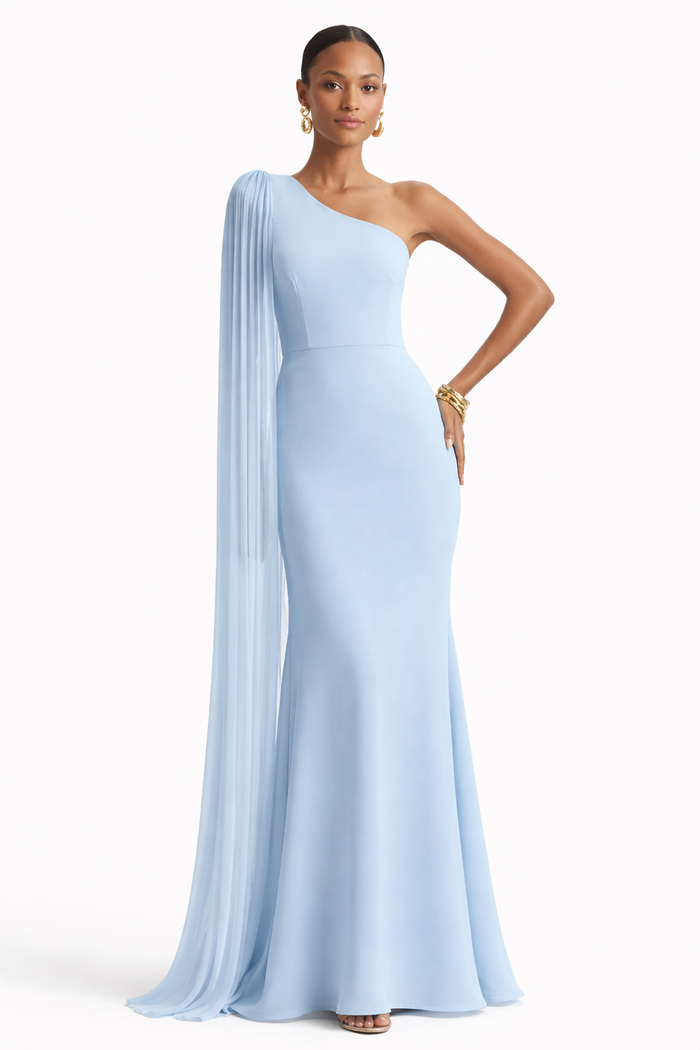 one-shoulder column gown with pleated cape sleeve – IVORY