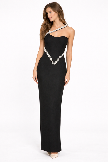 one-shoulder column maxi dress with crystal floral trim – NOIR