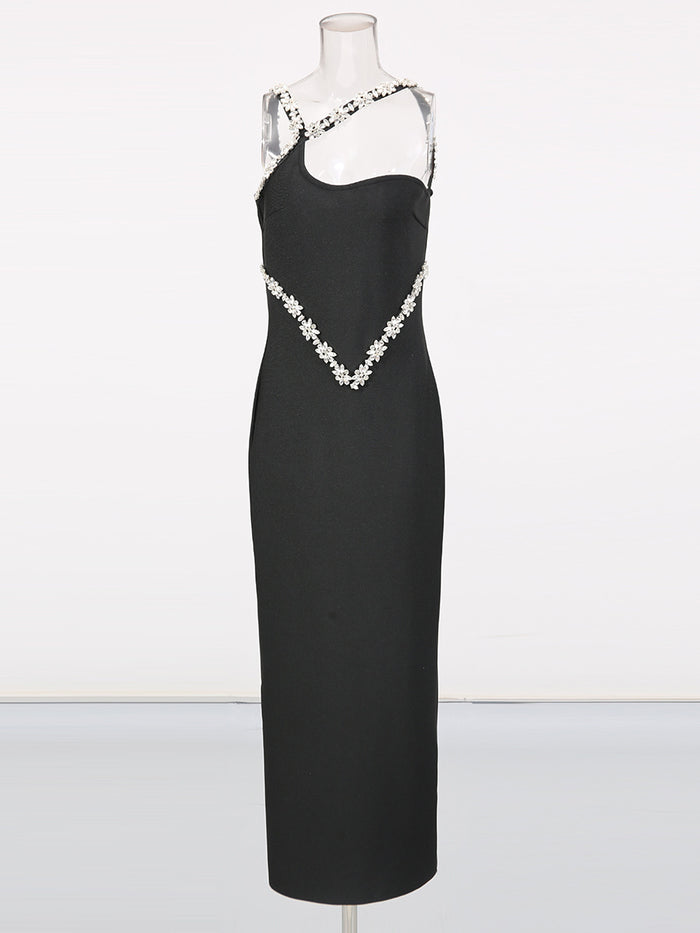 one-shoulder column maxi dress with crystal floral trim – NOIR