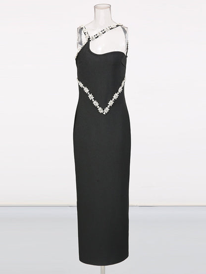 one-shoulder column maxi dress with crystal floral trim – NOIR