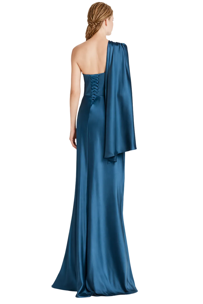 one-shoulder draped satin column dress with flowing cape – ROTTA