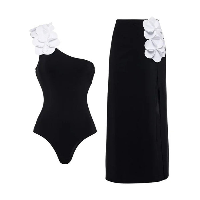 one-shoulder floral appliqué one-piece with midi skirt – BLOOM