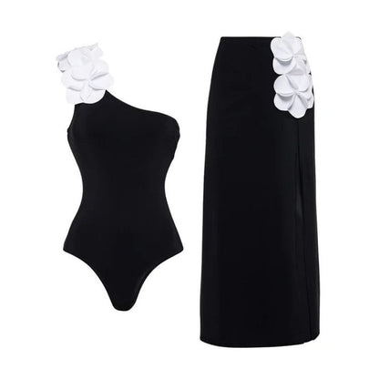 one-shoulder floral appliqué one-piece with midi skirt – BLOOM