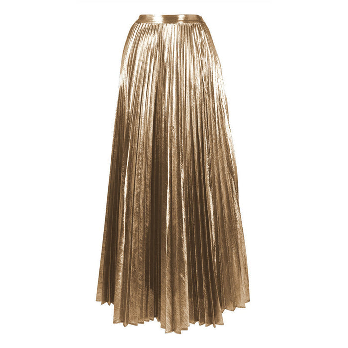 one-shoulder glitter ombré swimsuit with metallic pleated maxi skirt – GOLD