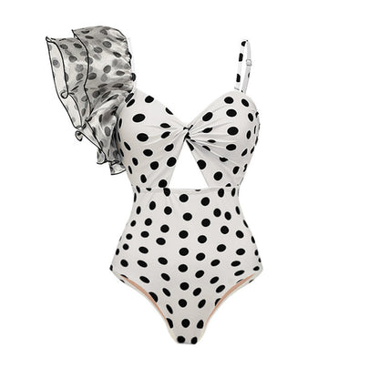 one-shoulder polka dot swimsuit with matching midi skirt – MONROE