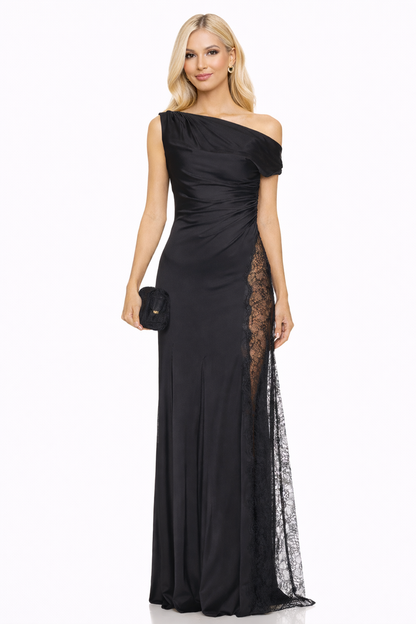 one-shoulder ruched gown with lace side panel – ALLURE