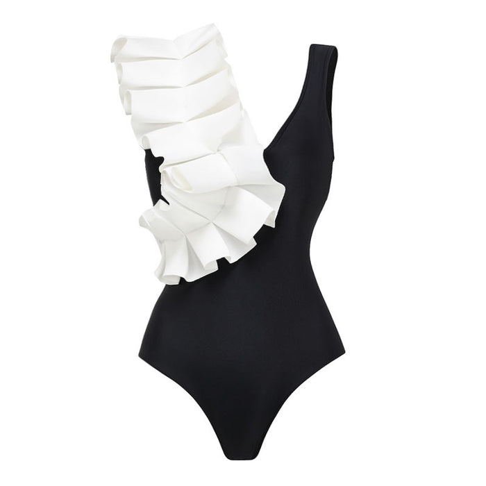 one-shoulder ruffle swimsuit with polka dot draped sarong – REMA