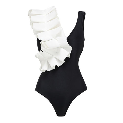 one-shoulder ruffle swimsuit with polka dot draped sarong – REMA