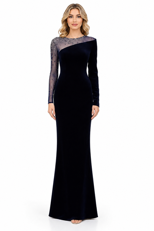 one shoulder velvet maxi dress with embellished sheer sleeve – MIDNIGHTA