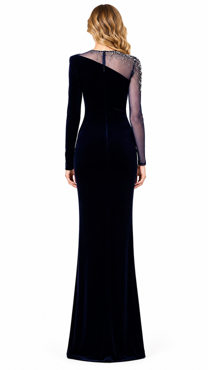 one shoulder velvet maxi dress with embellished sheer sleeve – MIDNIGHTA
