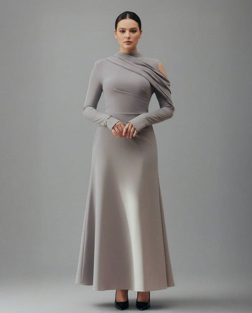 one-sleeve draped satin dress with cut-out shoulder - Magena-1