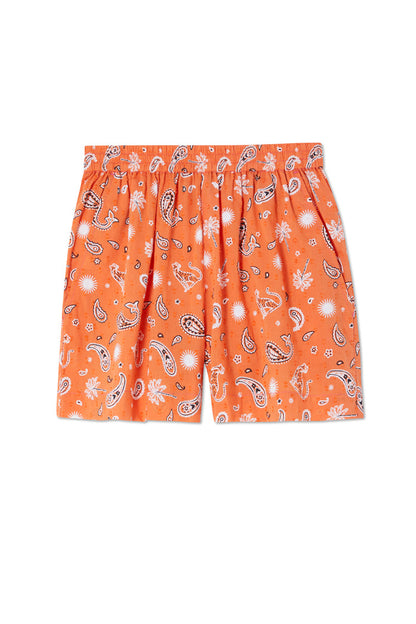 Orange cotton Elissa Short featuring white paisley and leopard palm prints with an elasticated waistband.