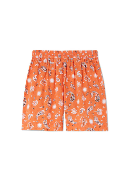 Orange leopard Elissa shorts with paisley and palm print in light cotton with an elasticated waist.