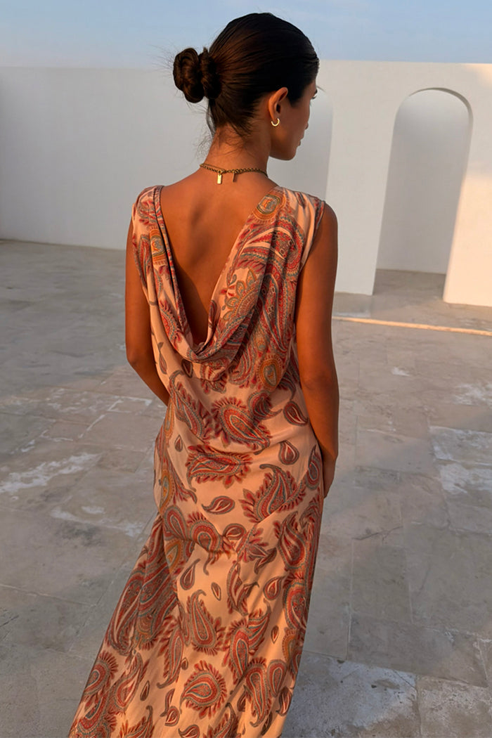 Peach Paisley Ava Dress featuring a low cowl back and bias-cut silhouette with an intricate all-over print.