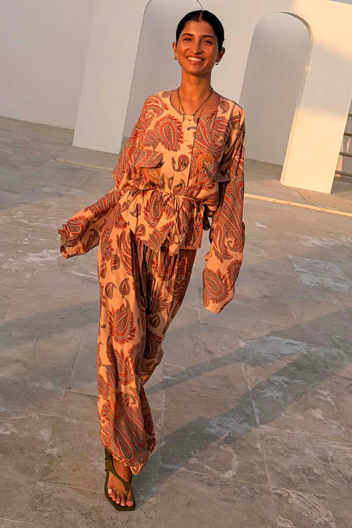 Peach Paisley Balloon Trousers and matching tie-front top, styled as a vacation-ready summer co-ord.