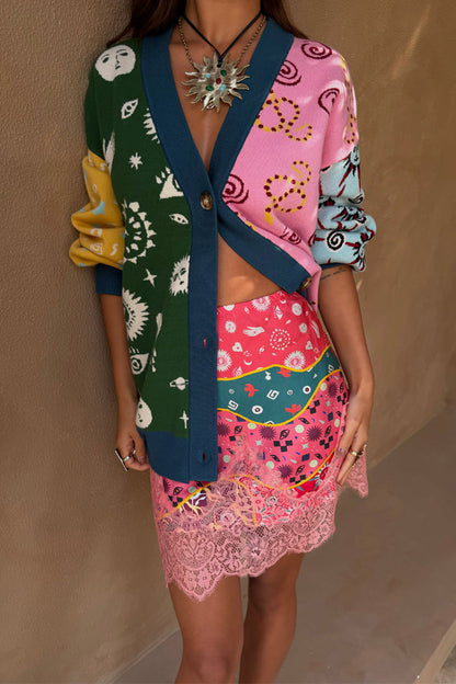 Pastel Morocco Mini Maeva Skirt featuring abstract motifs and pink lace trim, designed in London for dopamine dressing.