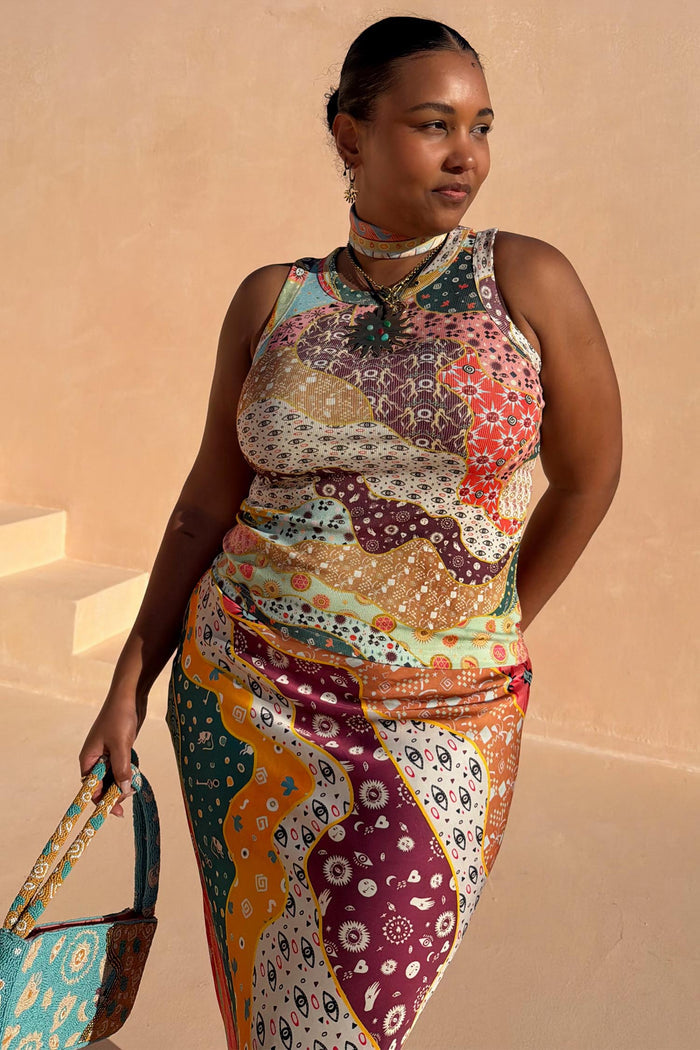 Pastel Morocco Rib Tank Top with abstract motifs on a model, showcasing inclusive sizing and curve fashion.