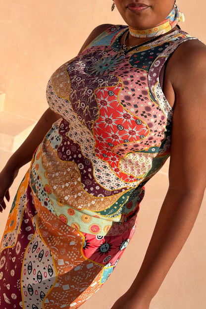 Pastel Morocco Rib Tank Top featuring iconic NFD sun and eye motifs in a multi-coloured ribbed stretch fabric.