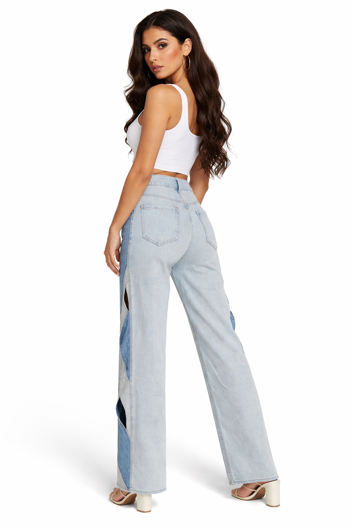 patchwork cut-out straight-leg jeans with layered wave panels – RHYTHM