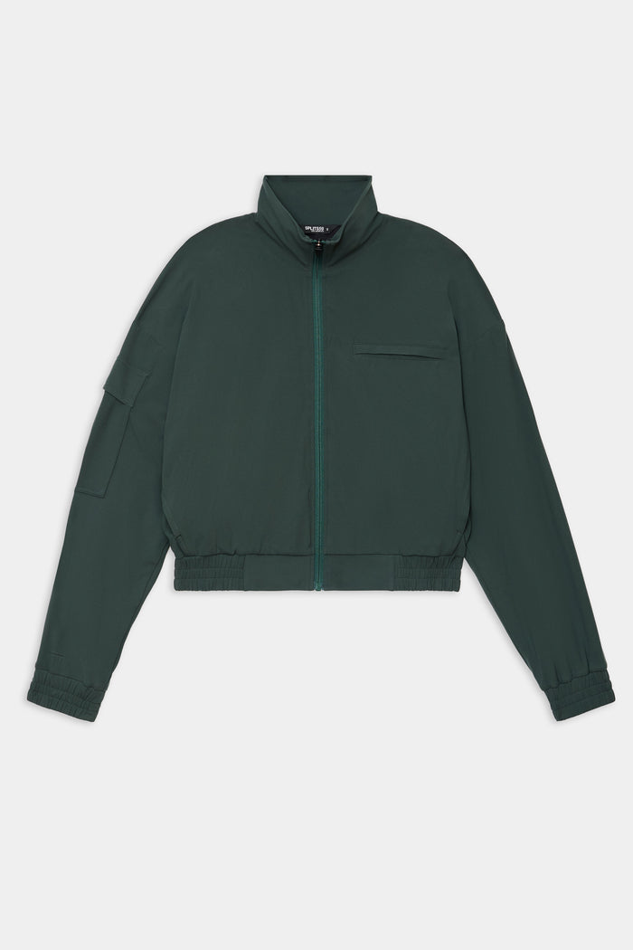 The SPLITS59 Peaches Airweight Cargo Jacket - Military is a dark green cropped nylon spandex jacket with a front zipper, high collar, chest pocket, and elastic cuffs and hem, shown on a white background.